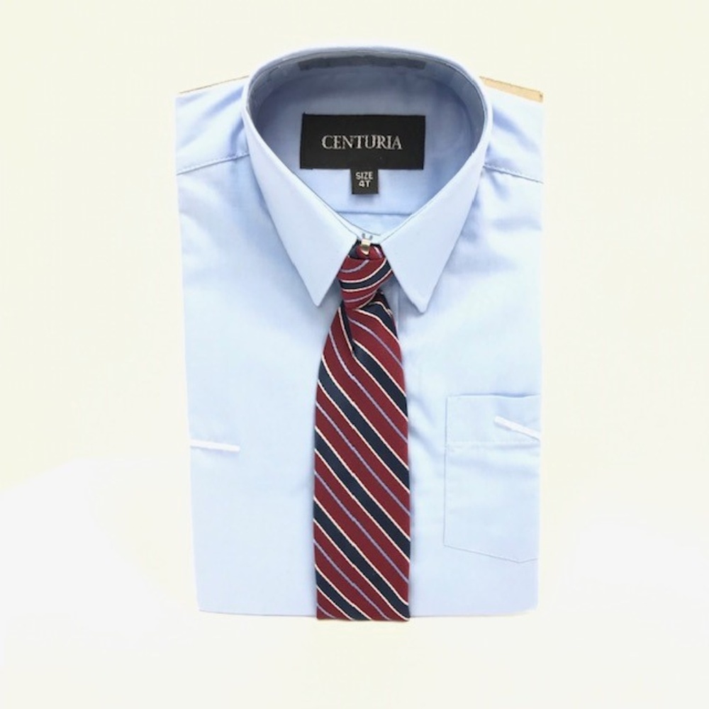 Centuria Boys Blue Dress Shirt Burgundy Navy Clip-on Tie Long Sleeves Size 4T